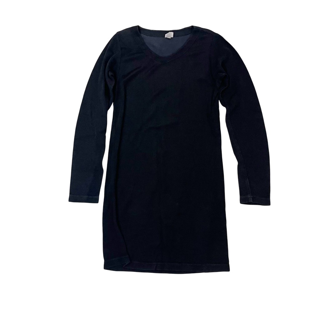 CP Shades Black Ribbed V-Neck Tunic Midi Dress Lagenlook Artsy Rayon Linen LARGE